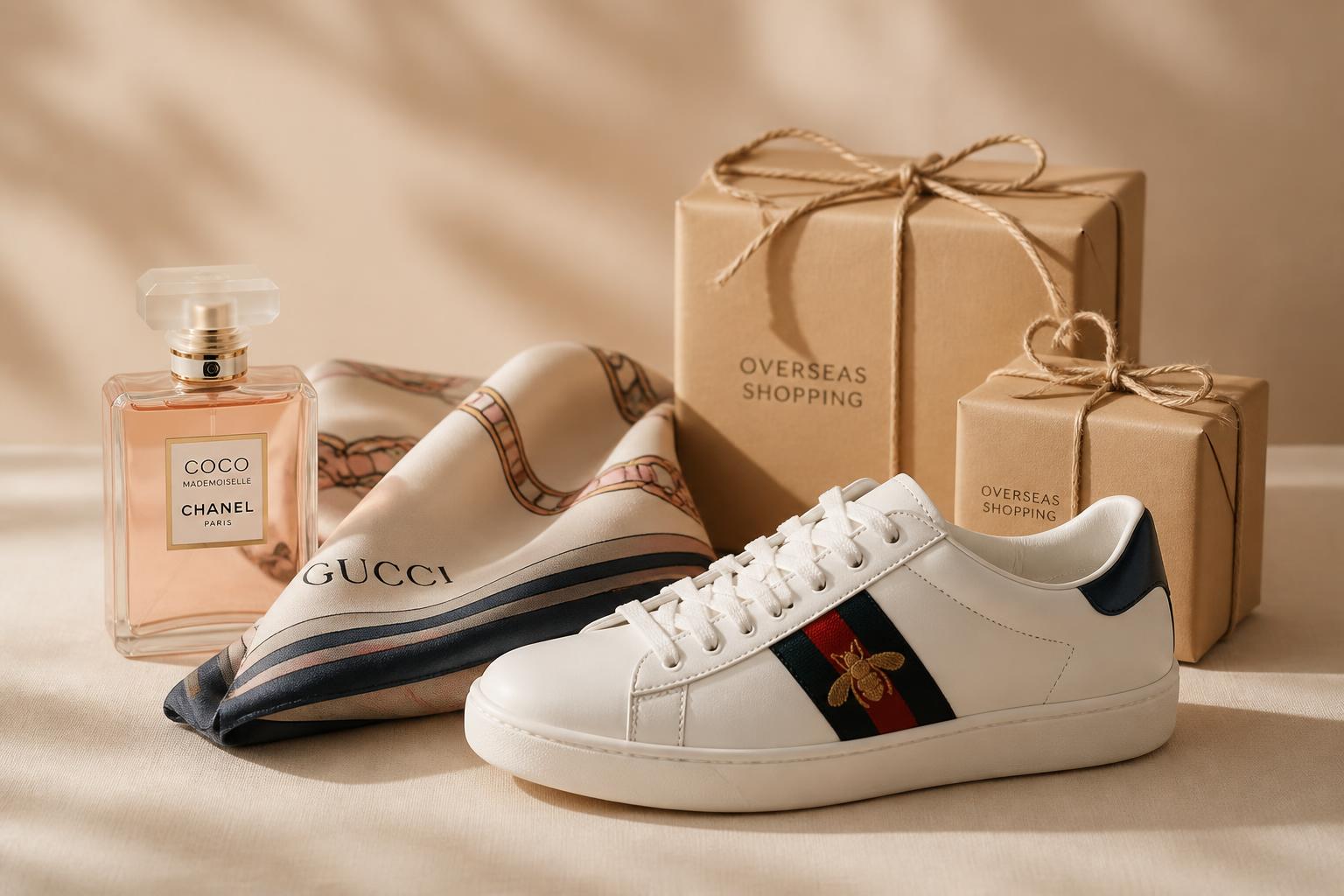 Produk titipan luar negeri: parfum desainer, scarf, sneaker dan paket kraft